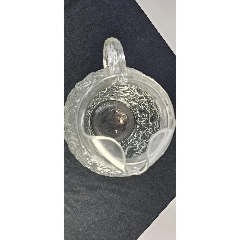 Anchor Hocking Lido Milano Pitcher Vintage Crinkle Ice Glass Clear Handle Spout‎
